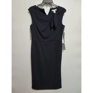 London Times Scoop Bow Neck Sleeveless Solid Scuba Crepe Dress-NAVY